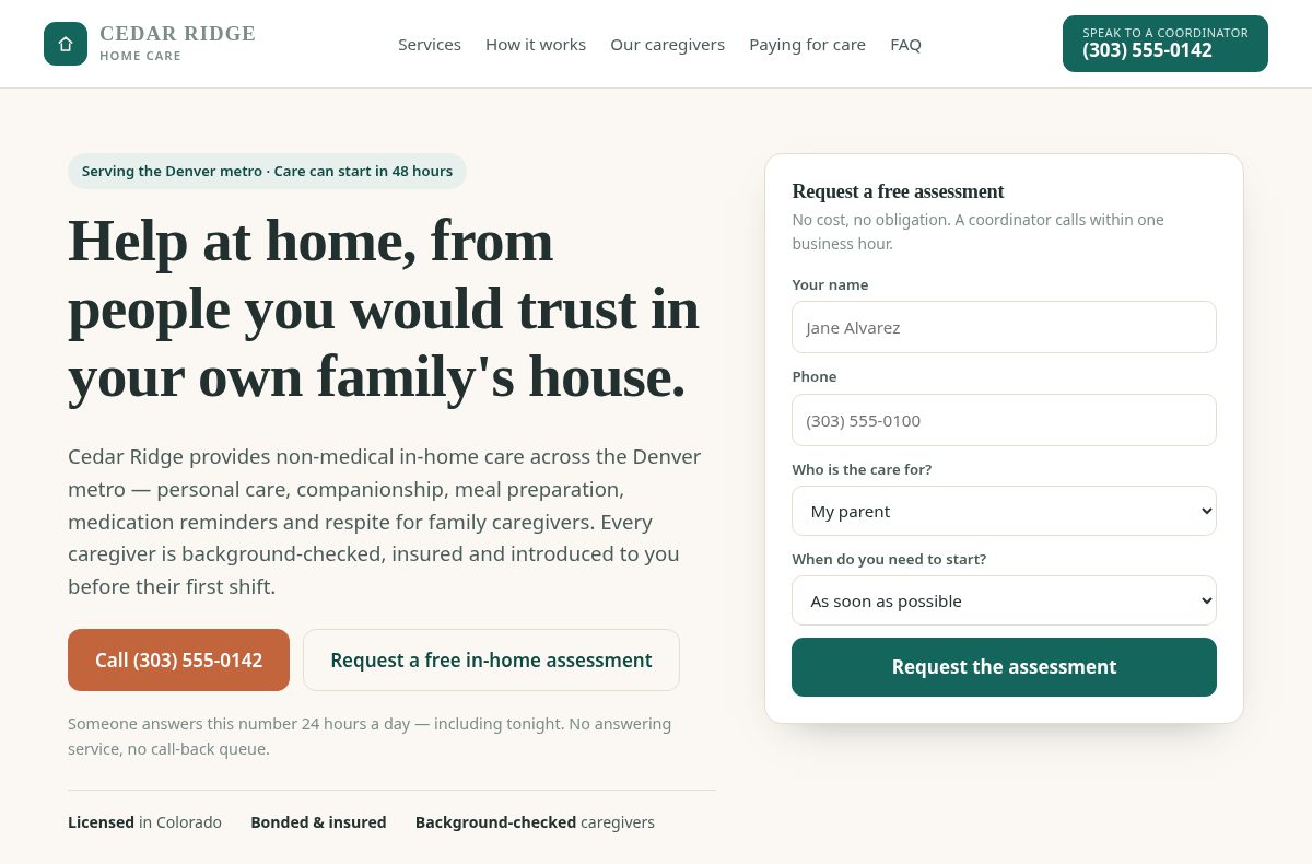 Cedar Ridge Home Care website preview
